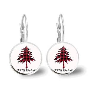 Detail of lever-back earrings with red plaid Christmas tree and Merry Christmas text