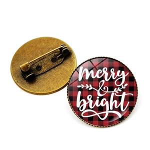 Christmas red plaid brooch with merry & bright text, snowflake and elk pattern elements