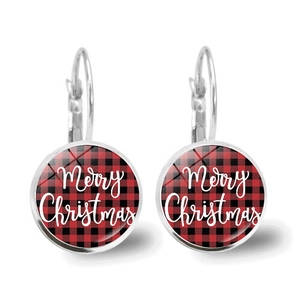 Christmas buffalo plaid lever-back earrings with white Merry Christmas typography