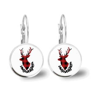 Christmas buffalo plaid reindeer leverback earrings with silver festive snowflake accents