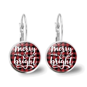 Christmas leverback earrings featuring red buffalo plaid and Merry & Bright text