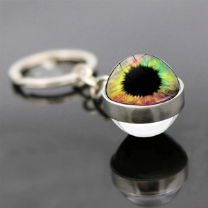 Mystic evil eye glass ball keychain with colorful iris and polished metal ring