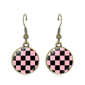 Checkerboard Pattern Round Drop Earrings Bronze Alloy Glass Dome Vintage Retro Fashion Jewelry Accessory For Women