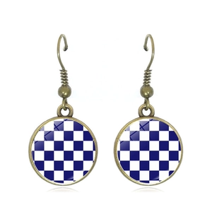 Vintage checkered blue and white glass drop earrings with bronze hooks for women