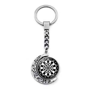 Rotating dartboard keychain with silver crescent frame and numbered dart board pendant