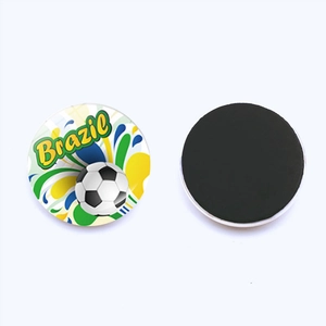 Detail view of Brazil football fridge magnets with clear 25mm crystal glass finish