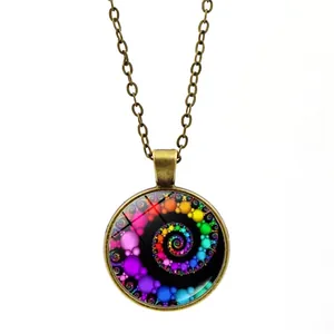 Vintage bronze mandala necklace with colorful spiral glass cabochon pendant jewelry