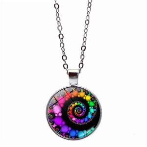 Colorful vortex mandala pendant necklace with silver chain and glass dome art