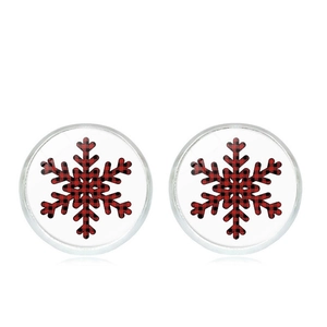 Christmas buffalo plaid stud earrings with white snowflake pattern on a silver base
