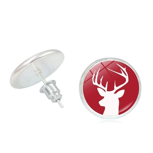Detail of Christmas stud earrings featuring red reindeer pattern and secure butterfly back