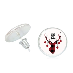 Close-up of silver Christmas earrings featuring red plaid reindeer and Oh my deer text
