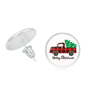 Detailed view of Merry Christmas stud earrings featuring red plaid truck and silver backings