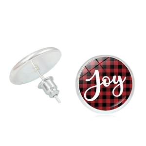 Detailed view of red buffalo plaid Joy stud earrings with white script and silver backing
