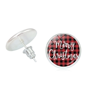 Christmas red buffalo plaid glass stud earrings featuring white Merry Christmas text