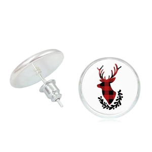 Christmas buffalo plaid deer head earrings with red checkered pattern and snowflake details