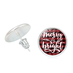 Merry and Bright red buffalo plaid Christmas stud earrings with glass dome finish