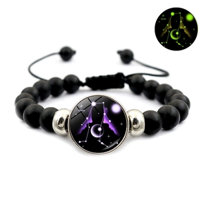 Bracelet Gémeaux lumineux avec perles noires mates et cordon tressé réglable pour homme