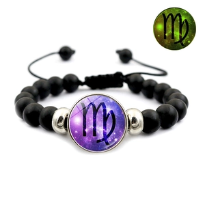 Φωτεινό βραχιόλι με χάντρες Παρθένος, μαύρο κορδόνι και γυάλινο θόλο που φωσφορίζει
