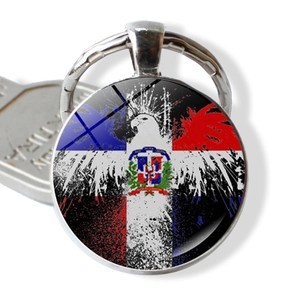 Dominican Republic flag keychain with eagle emblem and glass cabochon pendant