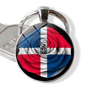 Dominican Republic flag rose glass cabochon keychain with polished silver metal ring
