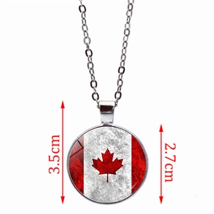 Round Canadian flag pendant necklace with red maple leaf and silver chain link style