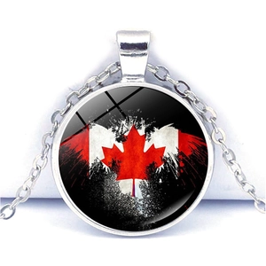 Artistic Canada flag maple leaf glass cabochon pendant with silver chain necklace