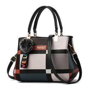 Women Handbag Fashion Color Block Plaid Geometric Grid PU Leather Large Capacity Tote With Fur Ball Pendant Shoulder Bag