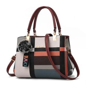 Fashion checkered tote bag with five-color contrast panels and detachable shoulder strap