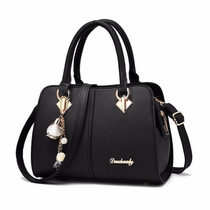 Women PU Leather Handbag Pebbled Texture Large Capacity Shoulder Crossbody Bag Gold Hardware Artificial Pearl Charm Retro Fashion