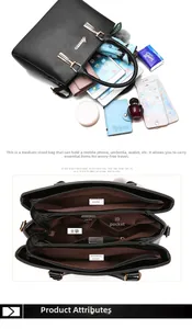 Internal view of medium leather handbag showing compartments for phone and daily items