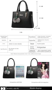 Detailed infographic showing dimensions and structure of the black women's fashion handbag