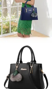 Detail of lychee pattern leather tote bags in navy blue and black with decorative pompom
