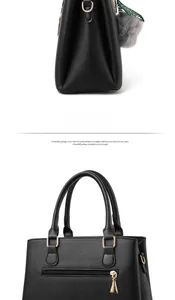 Detail view of black PU leather handbag with gold zipper and gray faux fur ball charm