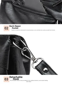 Detail der Leder-Tasche mit Lychee-Muster, Reißverschlusstasche hinten und Metallhaken