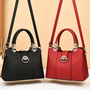 Damen Elegante PU Leder Handtasche Litschi Muster Gold Herz Anhänger Top Griff Schultertasche Große Kapazität Umhängetasche
