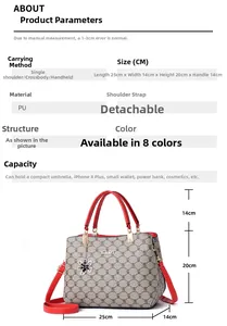 Detail showing grey PU leather handbag with red trim and MFX monogram print texture