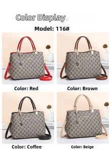 Collage of four large capacity crossbody bags in brown, red, coffee, and beige colors