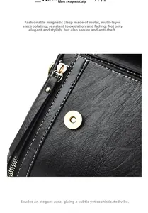 Close-up of black lychee grain leather bag with gold hardware magnetic clasp and stitching