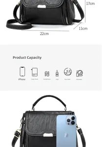 Detailed size chart and capacity guide for this black litchi pattern crossbody bag