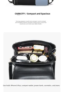Interior view of black small square bag showing spacious compartments and storage