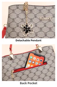 Detail of woman's handbag featuring a back zipper pocket for phone and floral charm