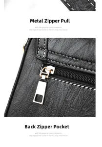 Detail of black pebbled leather bag with golden zipper pocket and fine stitching