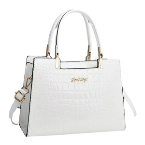 Elegante bolso de mano blanco con relieve de cocodrilo, detalles dorados y asas