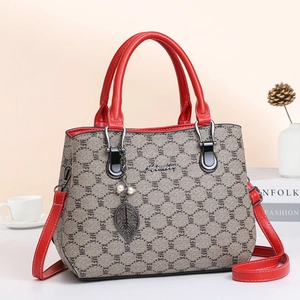 Elegant monogram large capacity tote bag in red and grey with detachable shoulder strap