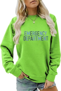 Detail of Emergency Department print on neon green crewneck sweatshirt with ribbed collar