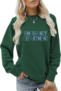 Detail of Emergency Department print on dark green crewneck sweatshirt for women