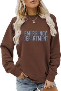 Detailed close-up of blue Emergency Department lettering on a brown crewneck sweatshirt