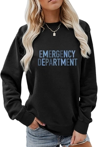 Close-up of Emergency Department blue print on black crewneck long sleeve sweatshirt