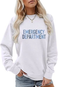 Detail of white crewneck sweatshirt with blue Emergency Department letter print