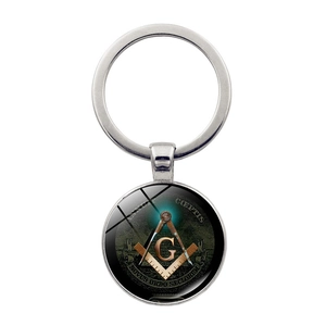 Portachiavi Massonico in argento con logo squadra compasso G e pendente in vetro